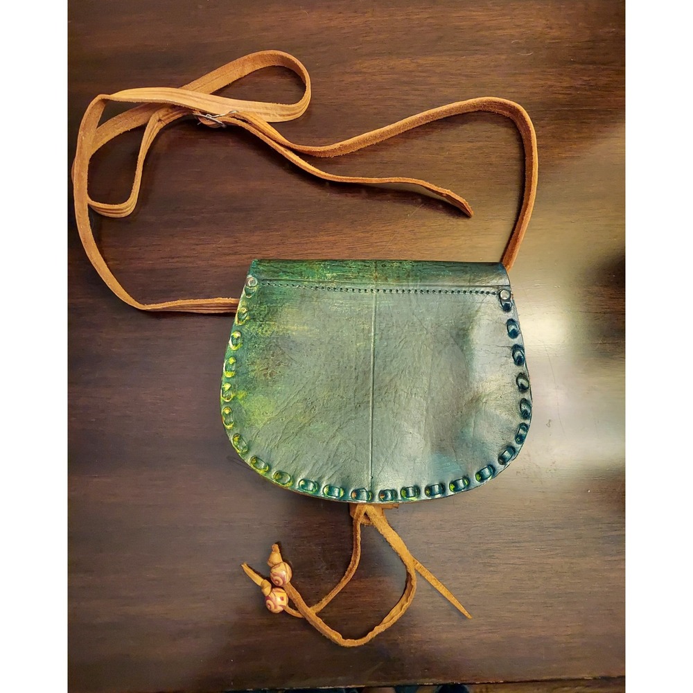 Hand Painted Indie Leather Crossbody Bag Artisan Surrealist Landscape Green Tan - Picture 5 of 5